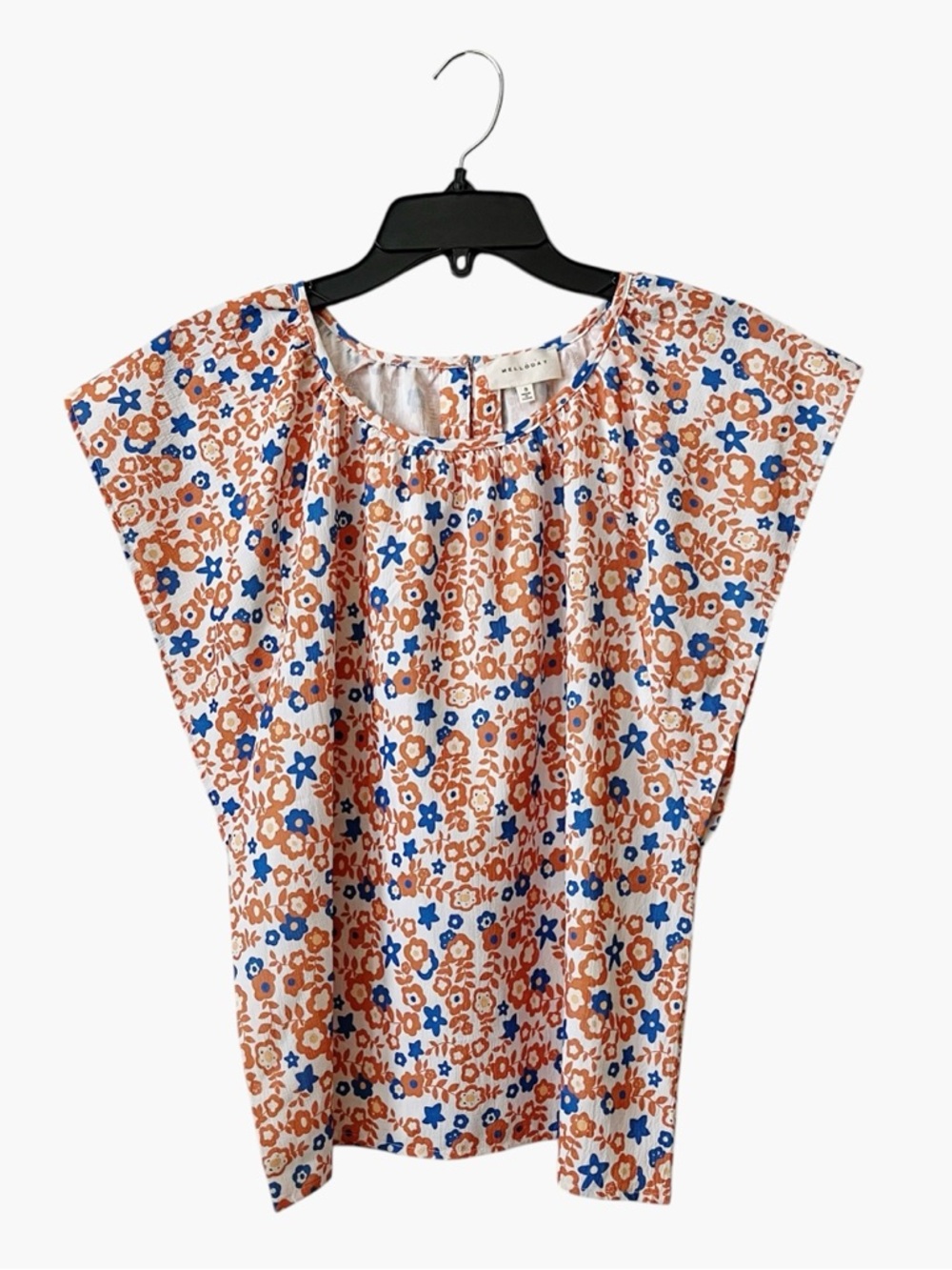 Melloday Top Women's Size S Orange Blue Floral Cap Sleeve Lightweight Blouse